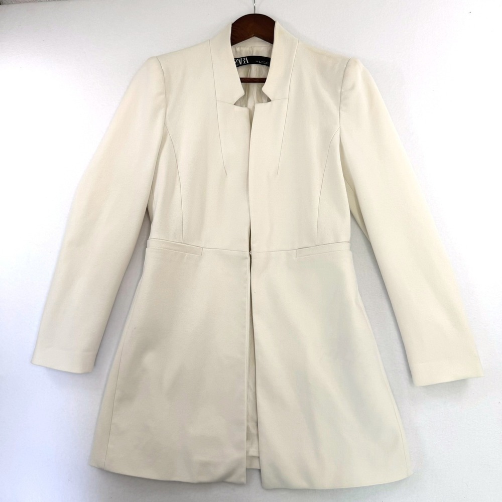 Zara Women Off White Cream Longline Open Front Blazer Jacket Shoulder Pads M